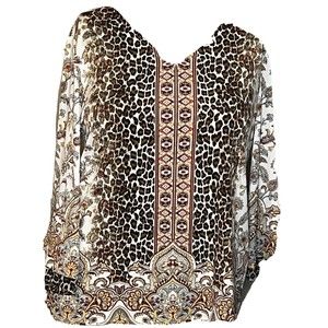 CHICO'S Women’s Animal Print Floral Stretch Size 2 Large  3/4 Sleeve V-Neck Top